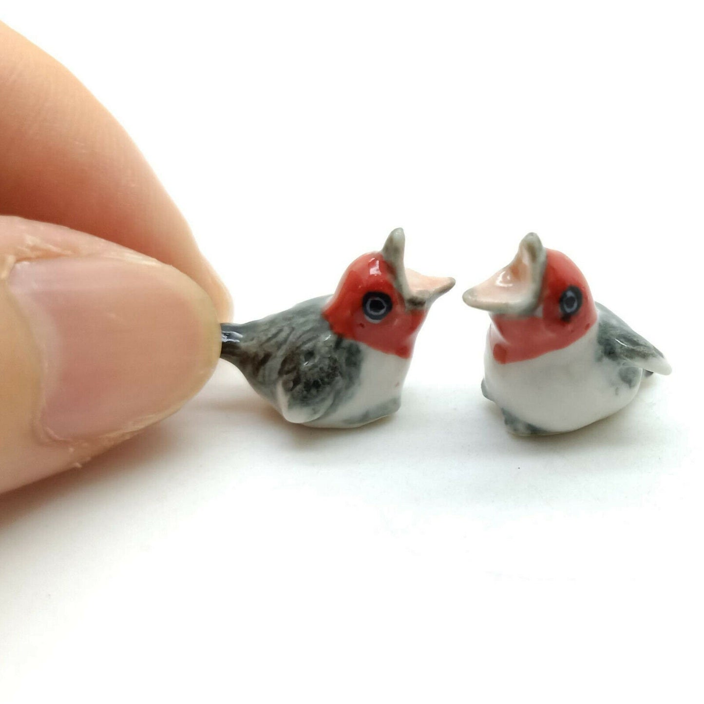 Set of 2 Tiny Bird Figurine Ceramic Animal Dollhouse Miniature American Goldfinch Red Crested Cardinal