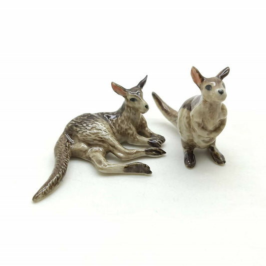 Set of 2 Kangaroo Figurine Ceramic Miniature Statue