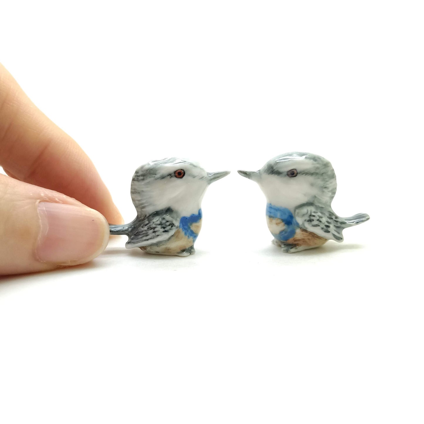 2 Gray Bird Figurine Ceramic Miniature Statue