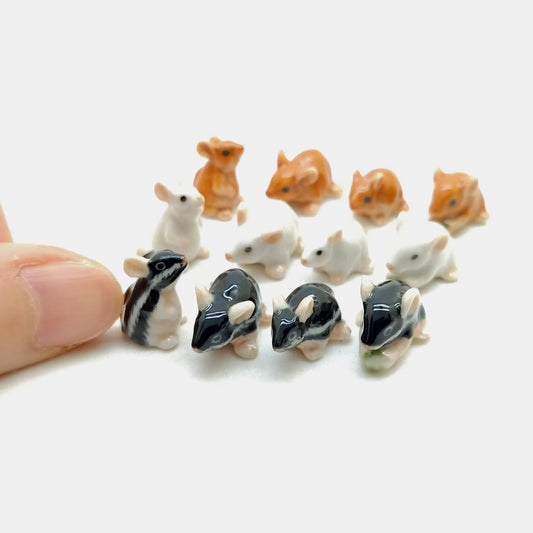 Set of 4 Tiny Mice Mouse Rat Ceramic Figurine Dollhouse Miniature Statue