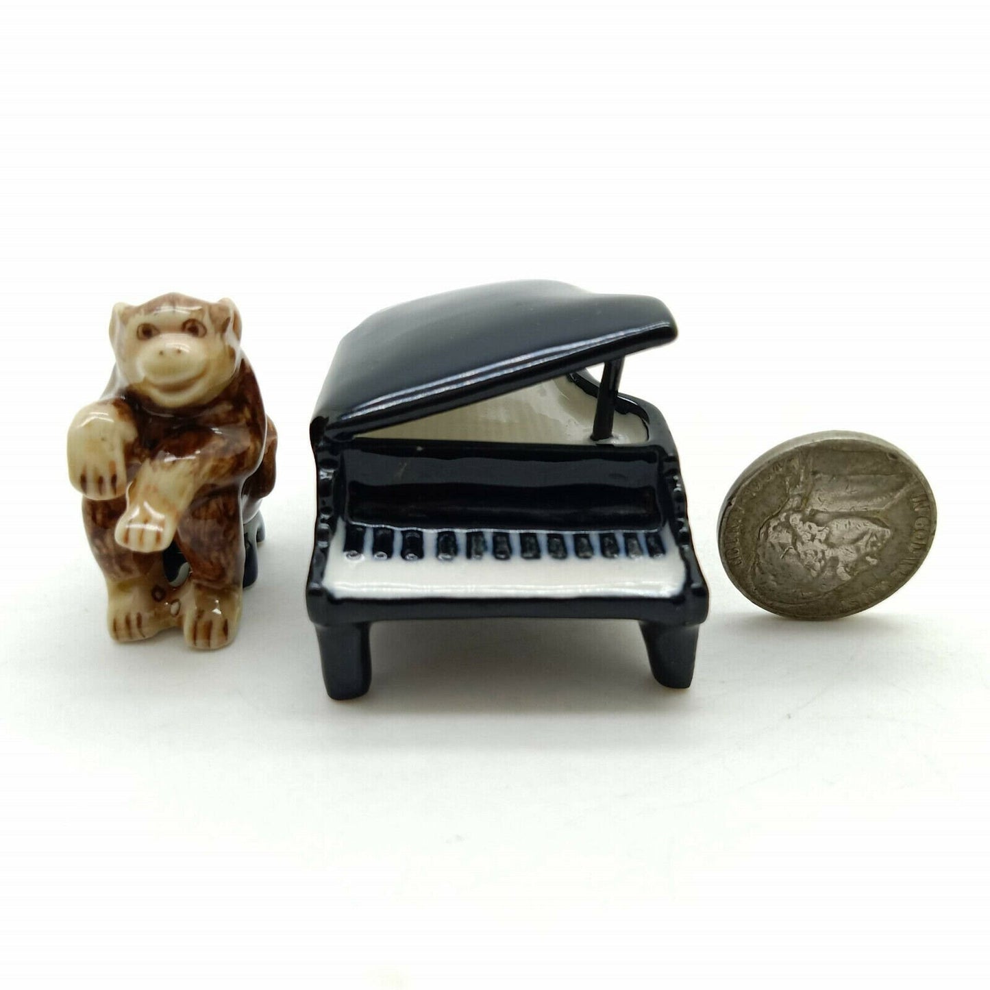 Set of 2 Monkey Figurine Ceramic Playing Piano Violin Miniature Statue