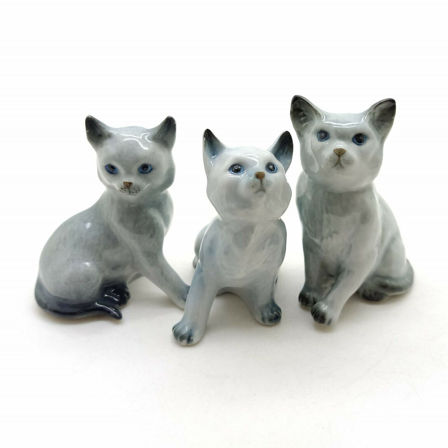 Set of 3 Siamese Cat Figurine Ceramic Statue