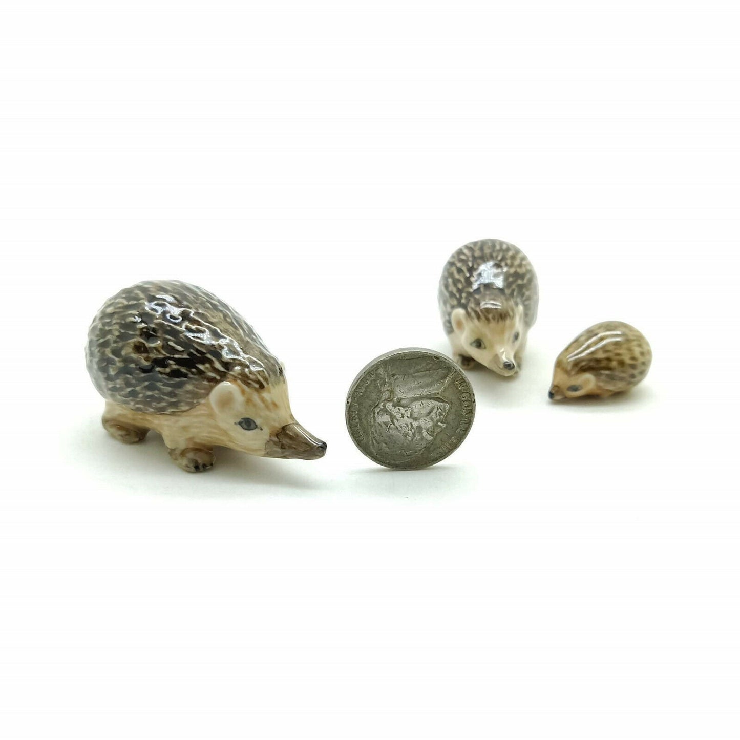 Set of 3 Hedgehog Porcupine Figurine Ceramic Animal Miniature Statue