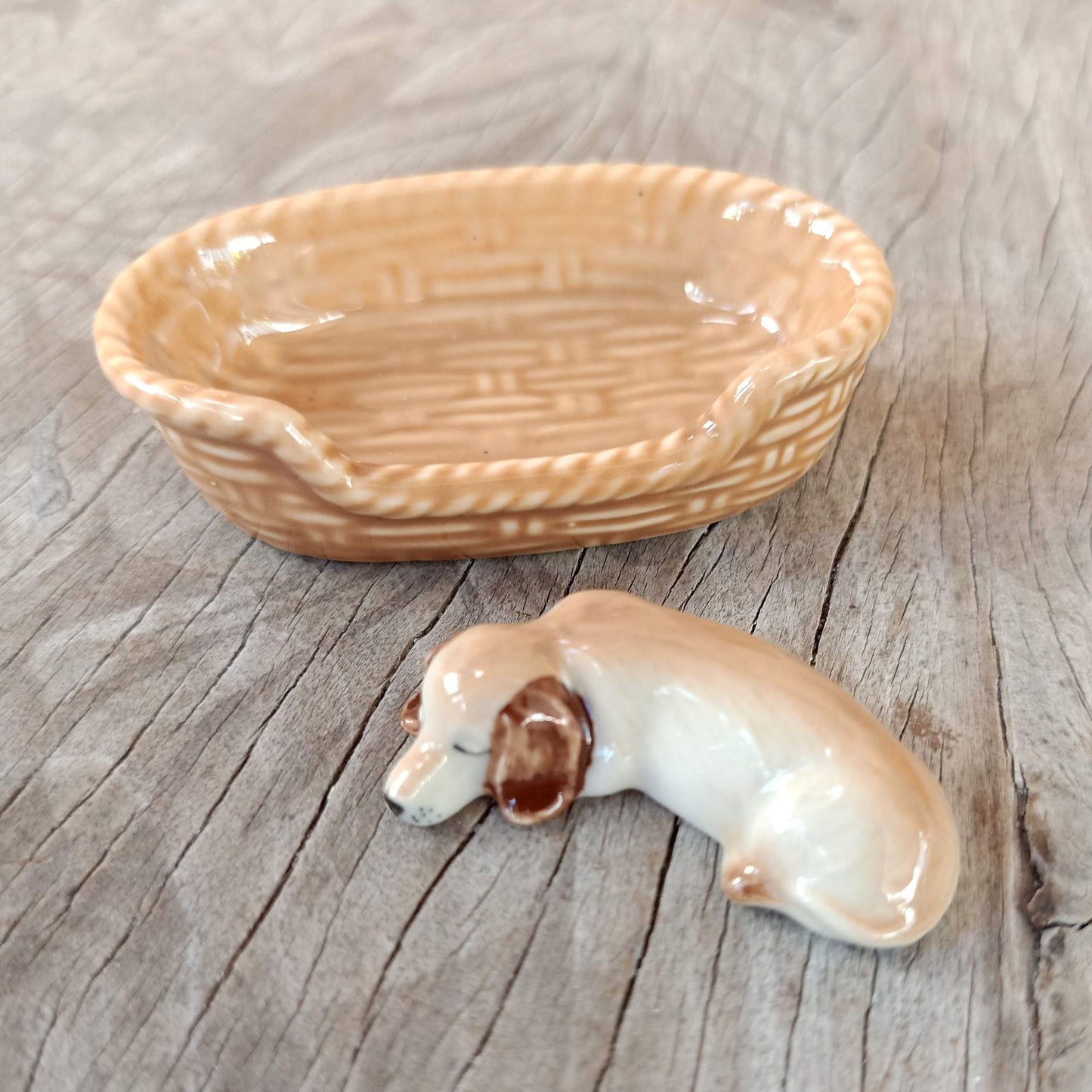 Golden Retriever Dog Sleep in Basket Ceramic Figurine Miniature Statue