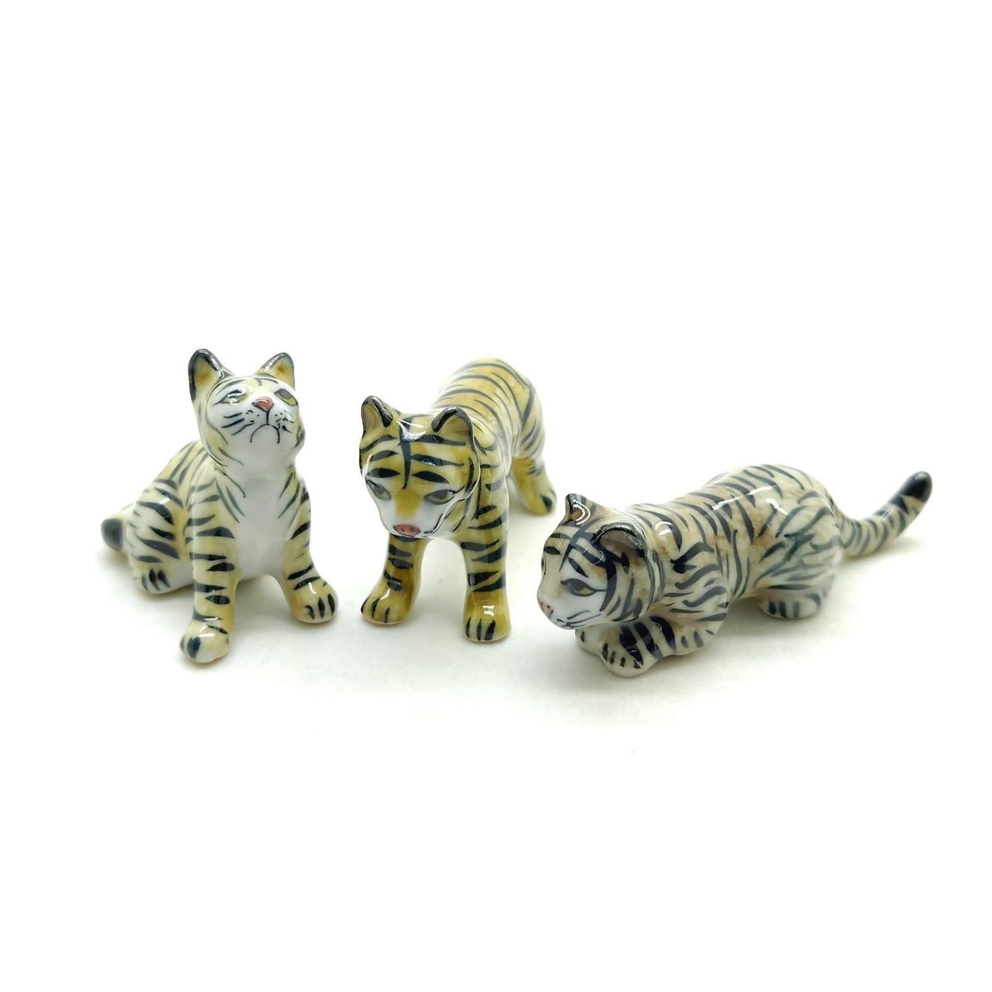 Set of 3 Tiger Ceramic Figurine Wild Miniature Statue