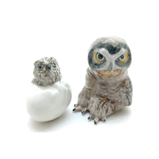 Mother Owl with Baby in Egg Ceramic Figurines