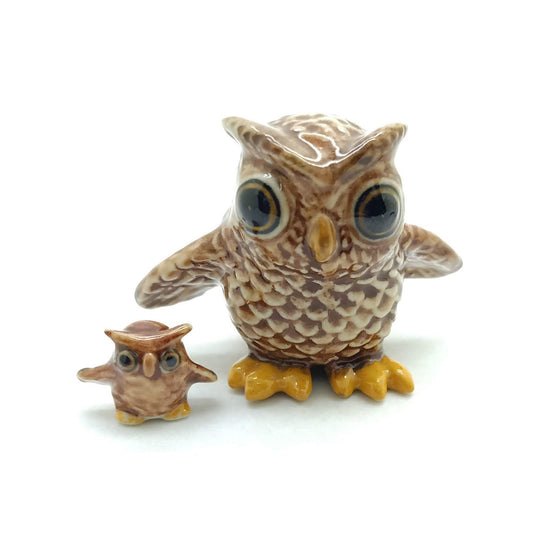 2 Brown Owl Bird Ceramic Figurines