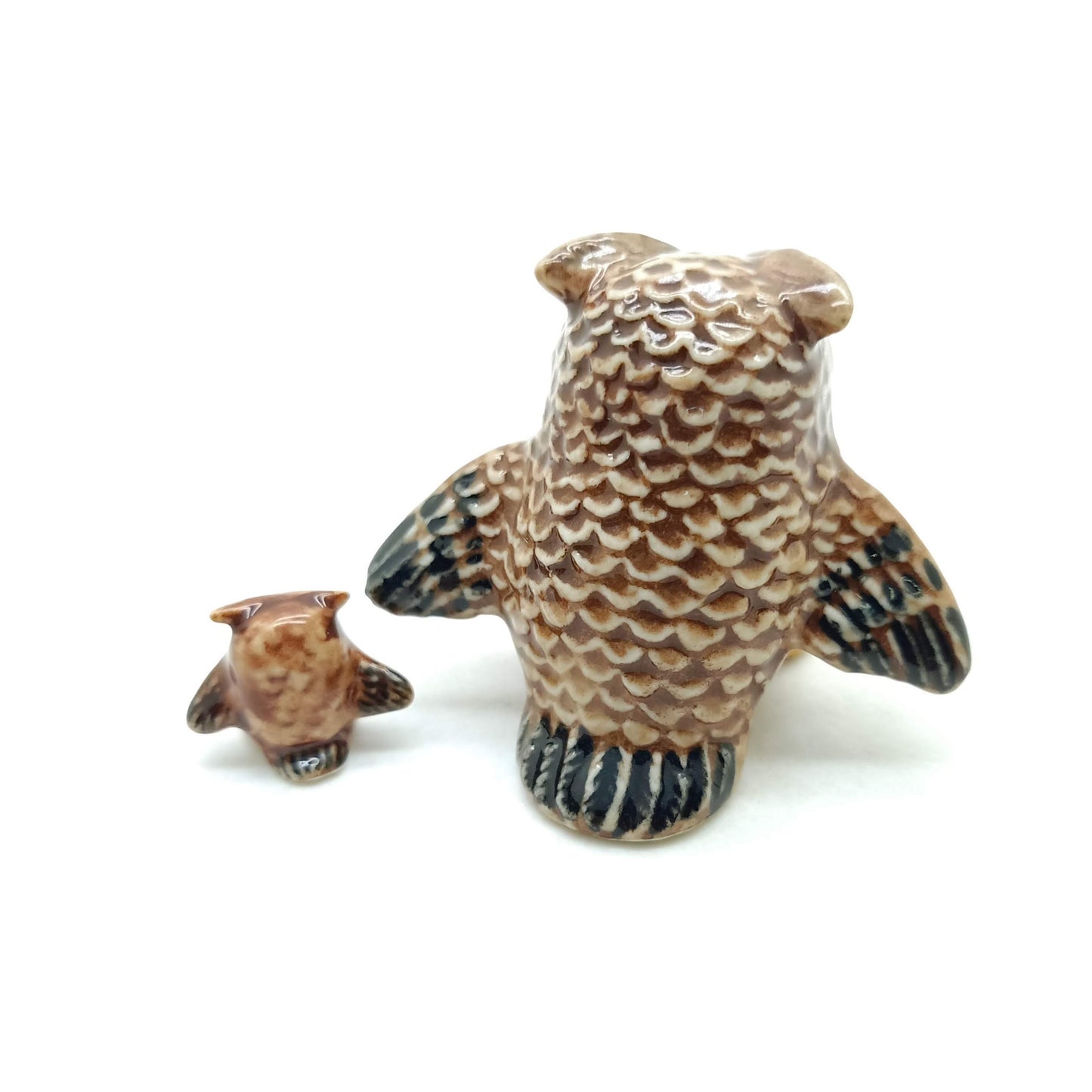 2 Brown Owl Bird Ceramic Figurines