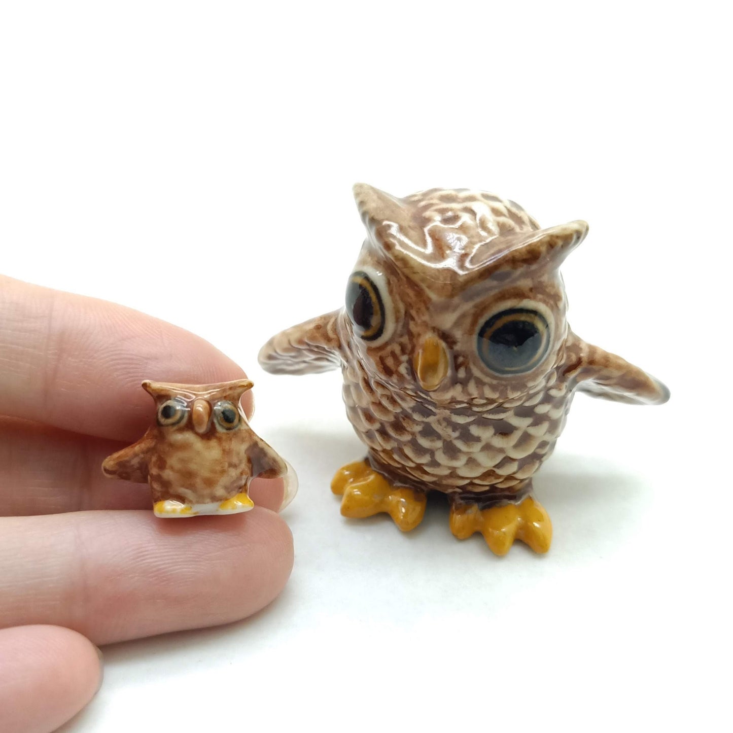 2 Brown Owl Bird Ceramic Figurines