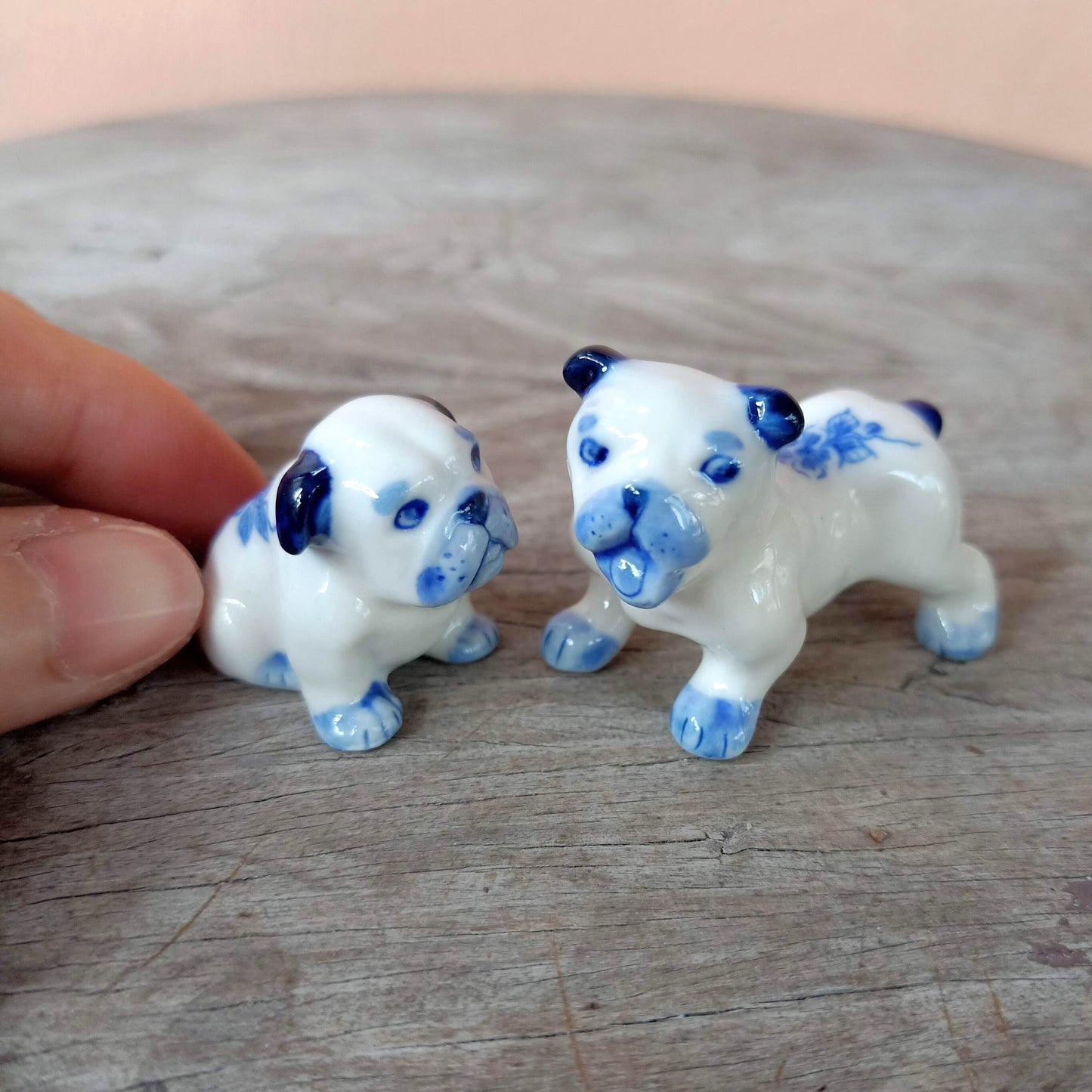 Set of 2 Bulldog Dog Ceramic Figurine Miniature Statue Blue Flower