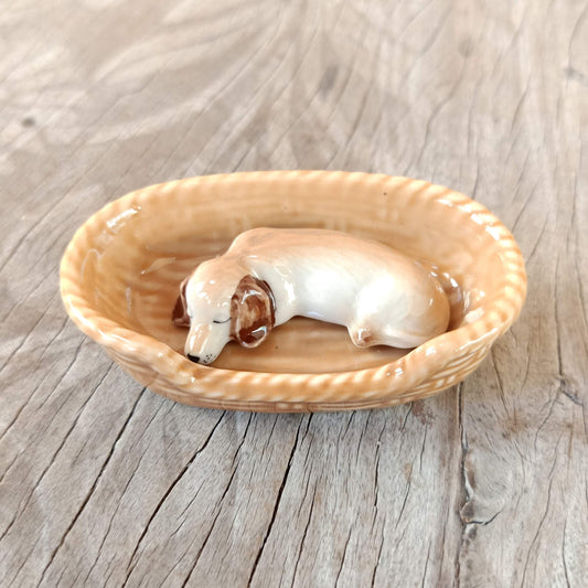 Golden Retriever Dog Sleep in Basket Ceramic Figurine Miniature Statue