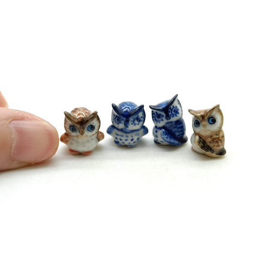 Set of 2 Tiny Owl Birds Ceramic Figurine Dollhouse Miniature Statue, Decoration