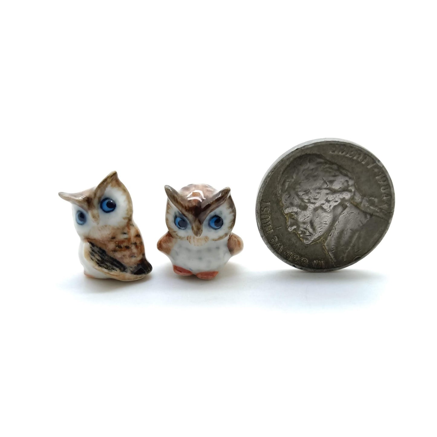 Set of 2 Tiny Owl Birds Ceramic Figurine Dollhouse Miniature Statue, Decoration