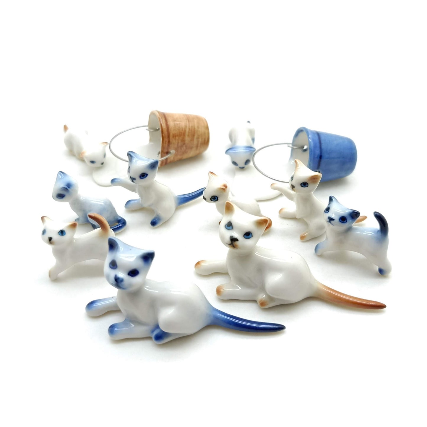 Cat Ceramic Figurine Family With Milk Bucket Kitten Statue