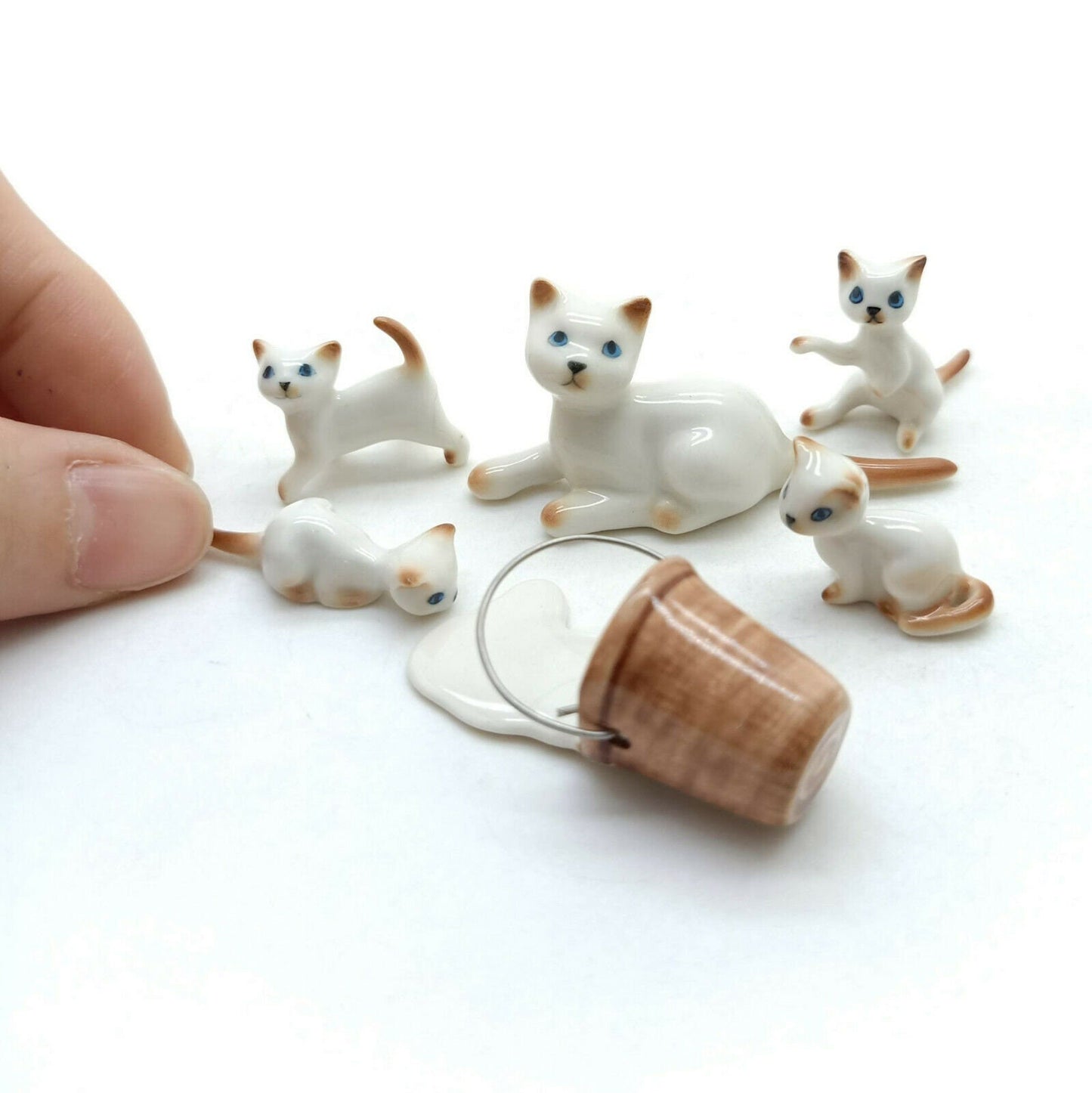 Cat Ceramic Figurine Family With Milk Bucket Kitten Statue