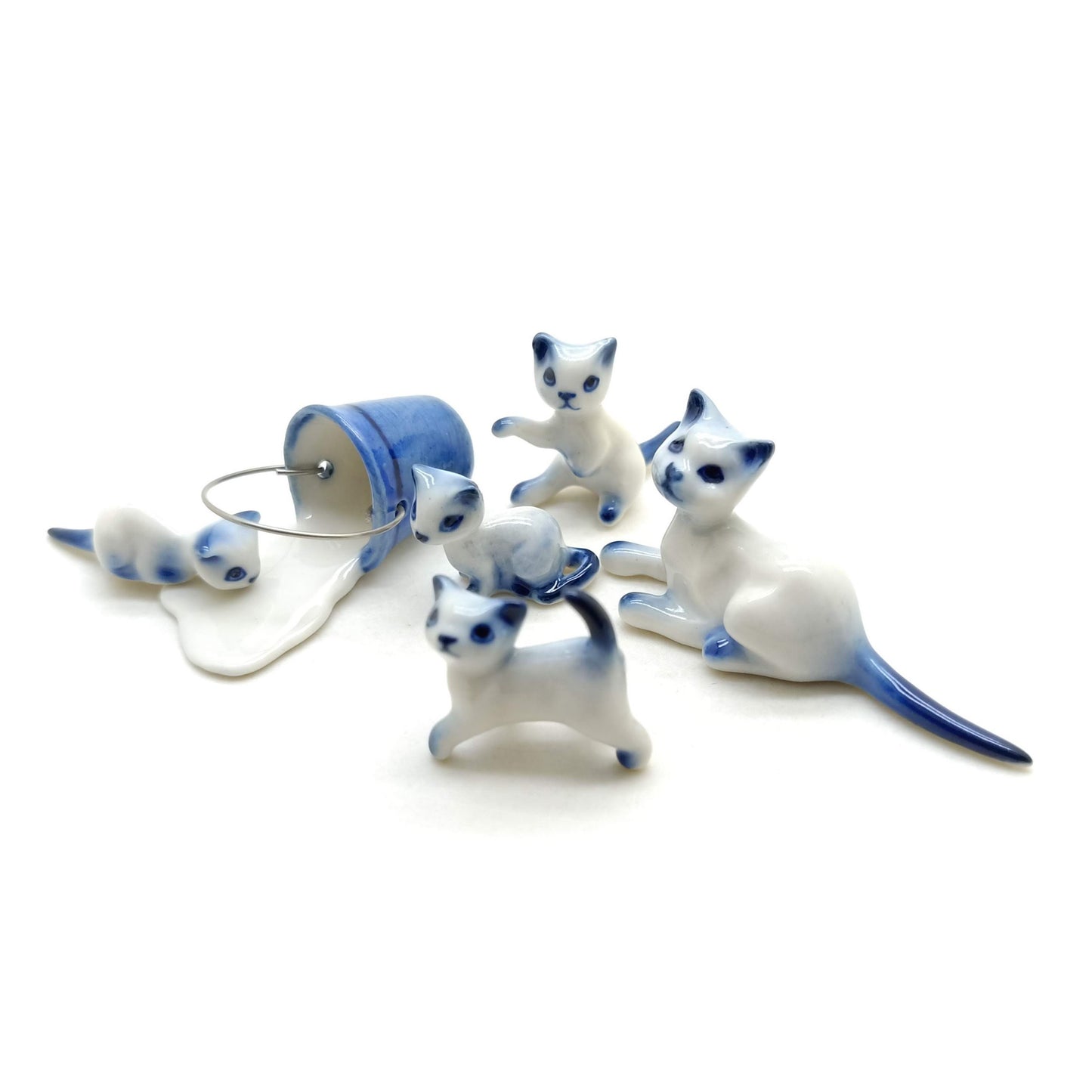 Cat Ceramic Figurine Family With Milk Bucket Kitten Statue