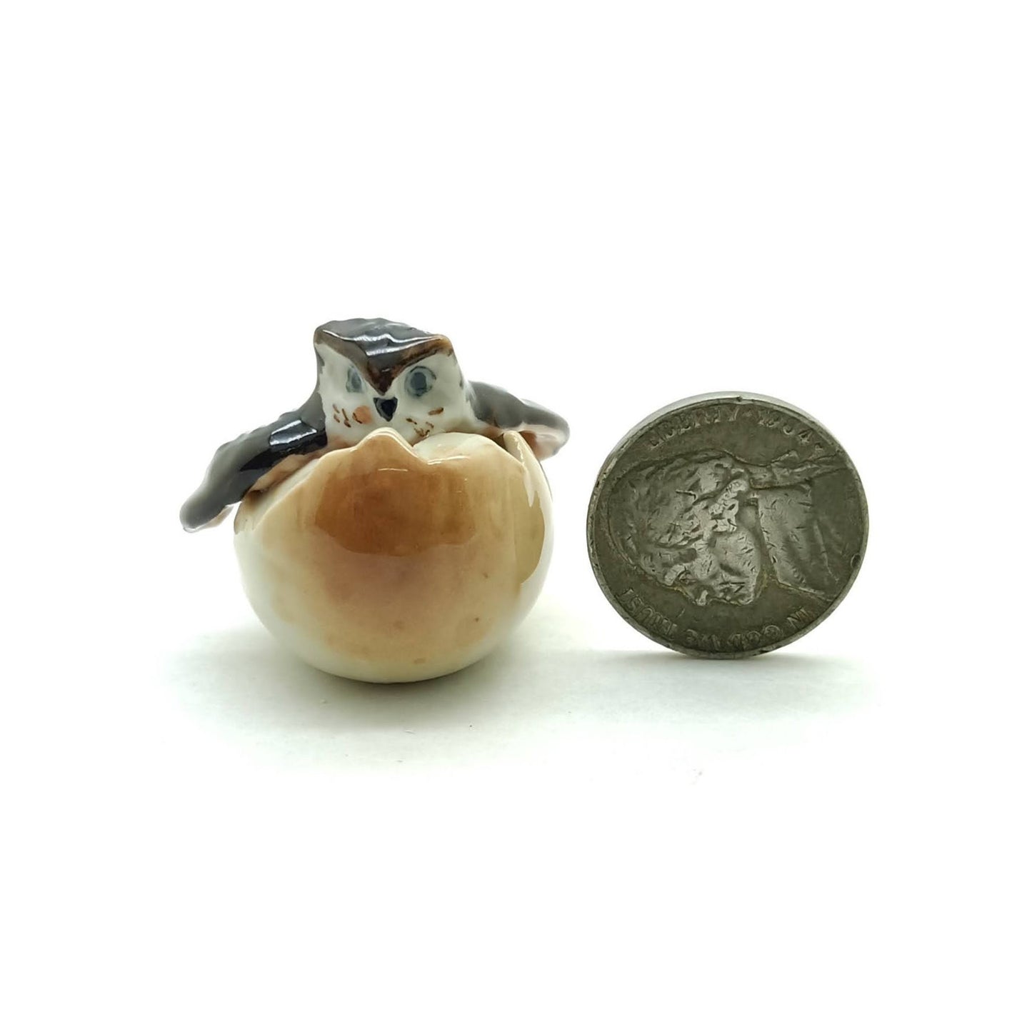 Set of 2 Owl Bird in Egg Ceramic Figurine Miniature Statue