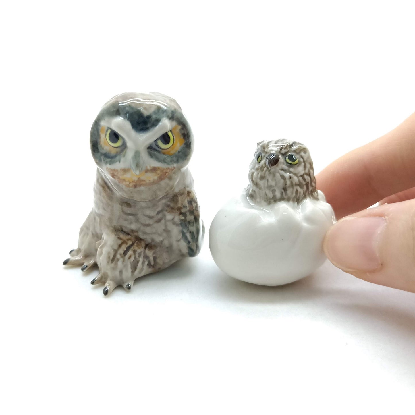 Mother Owl with Baby in Egg Ceramic Figurines