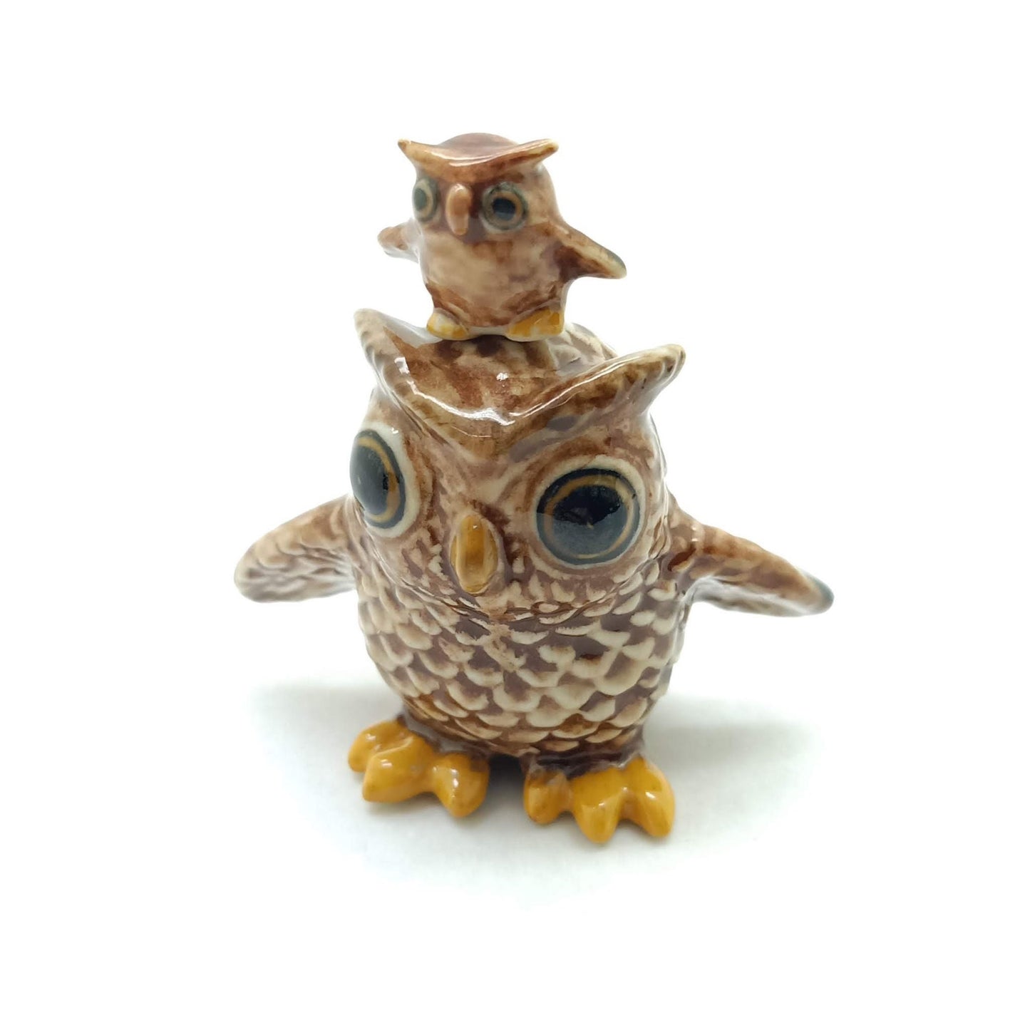 2 Brown Owl Bird Ceramic Figurines