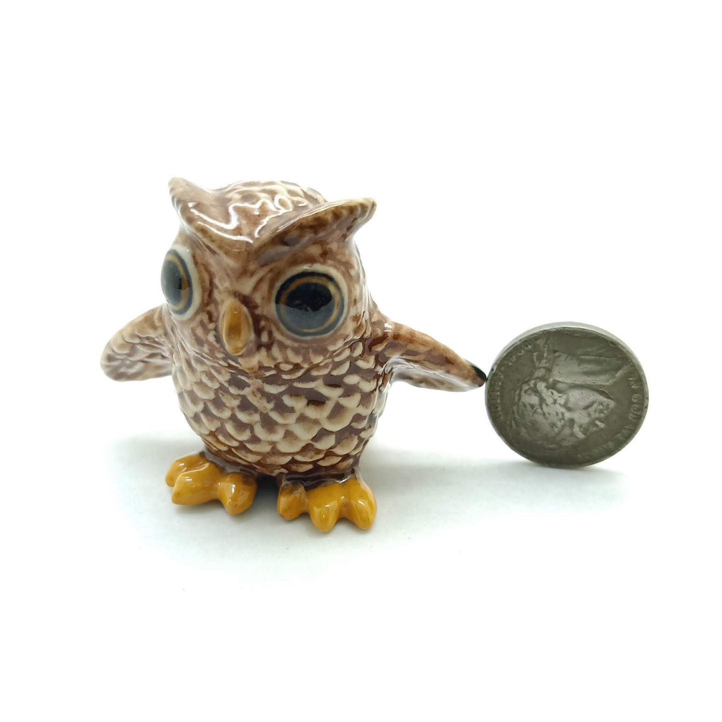2 Brown Owl Bird Ceramic Figurines