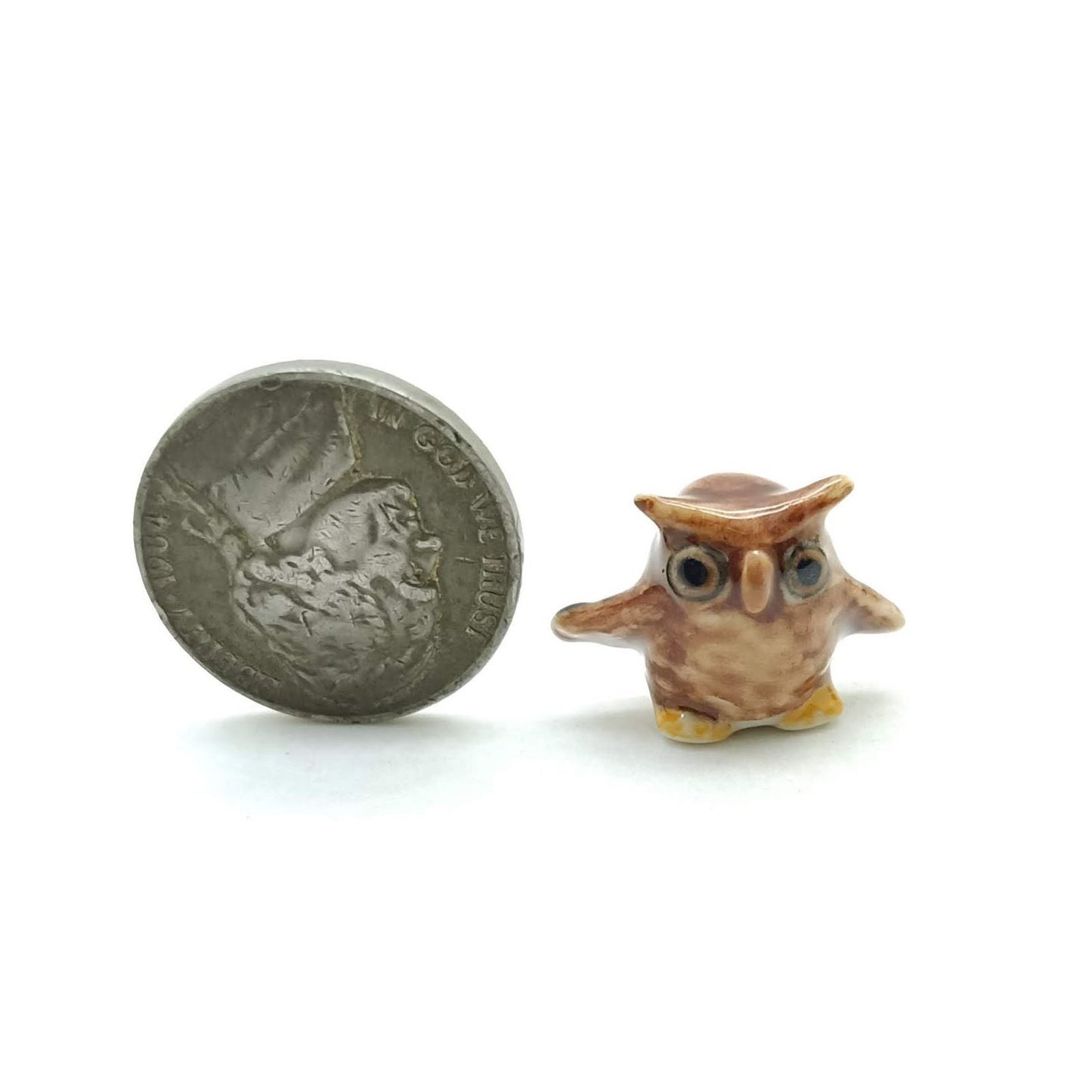 2 Brown Owl Bird Ceramic Figurines