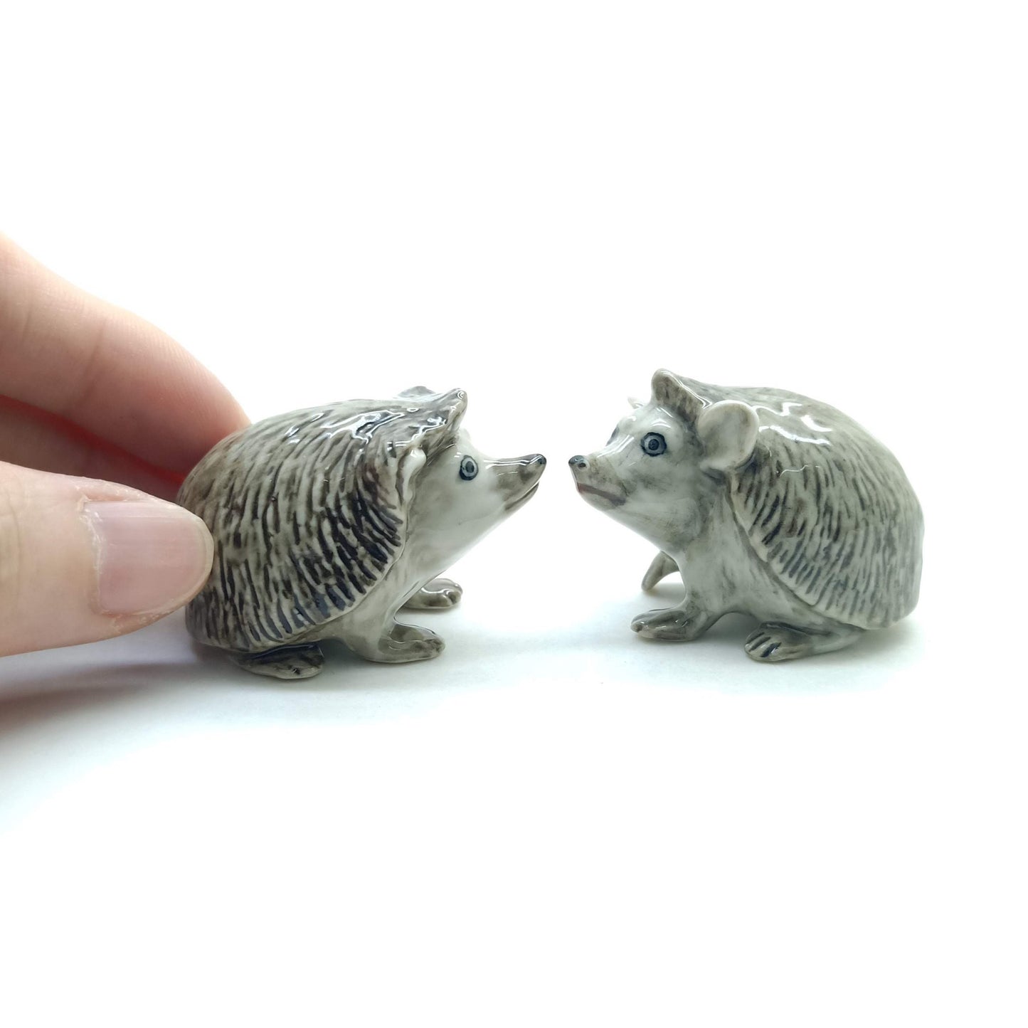 Set of 2 Hedgehog Porcupine Figurine Ceramic Miniature Statue