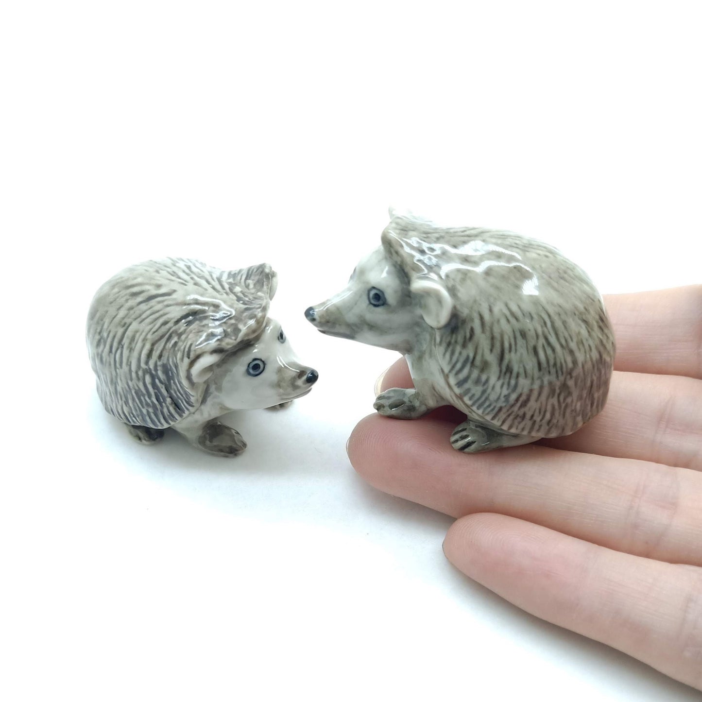 Set of 2 Hedgehog Porcupine Figurine Ceramic Miniature Statue