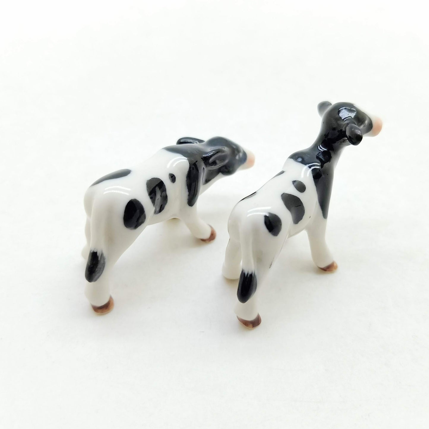 Set of 2 Cow Ceramic Figurine animal Miniature White and Black Statue