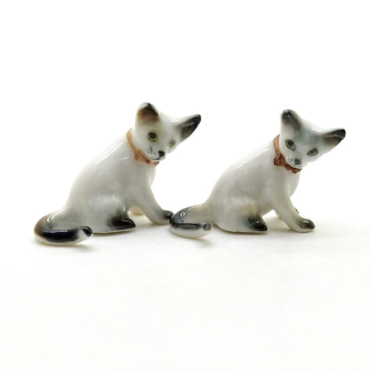 Set of 2 Cat Kitten Figurine Ceramic Miniature Statue
