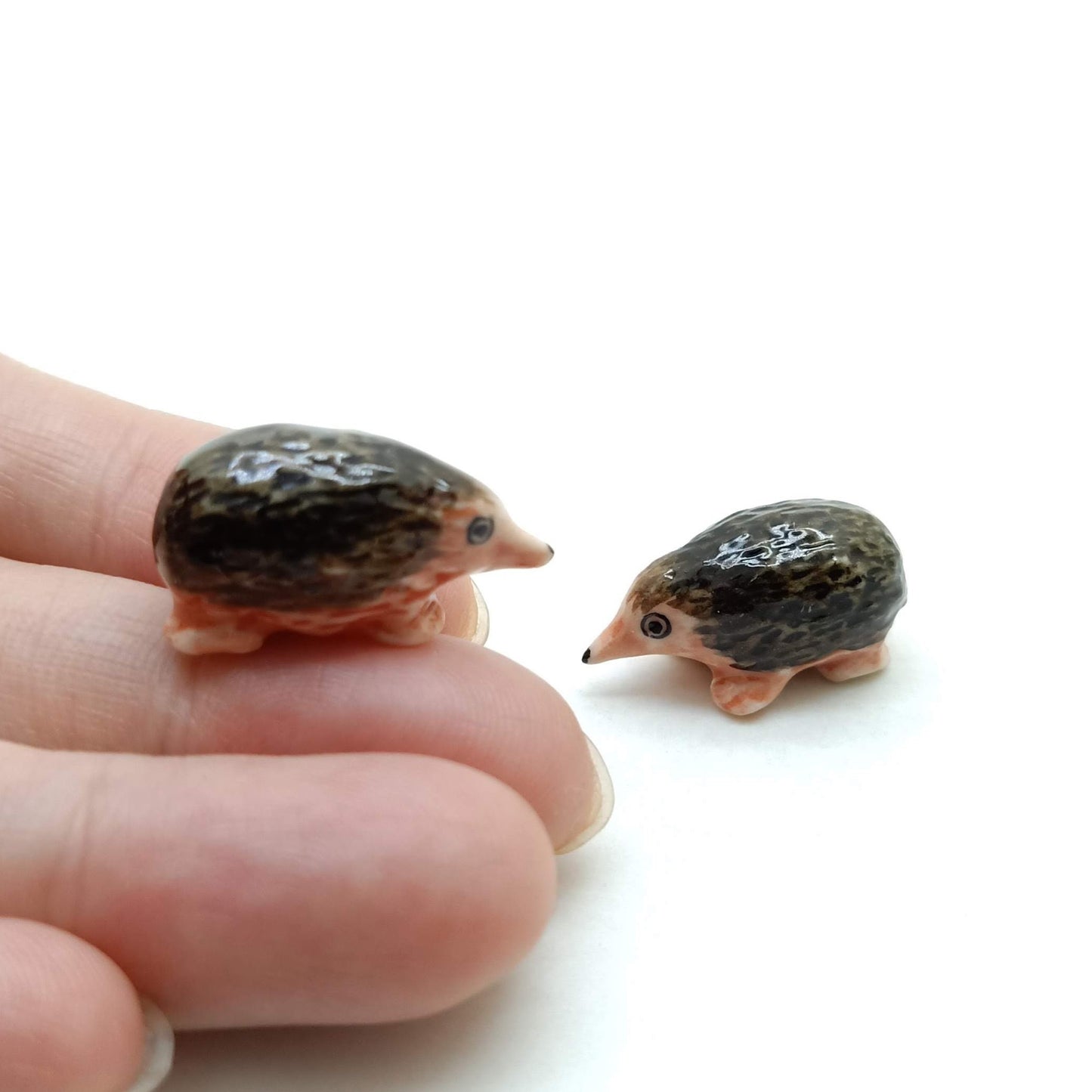 Set of 2 Tiny Hedgehog Porcupine Figurine Ceramic Miniature Statue