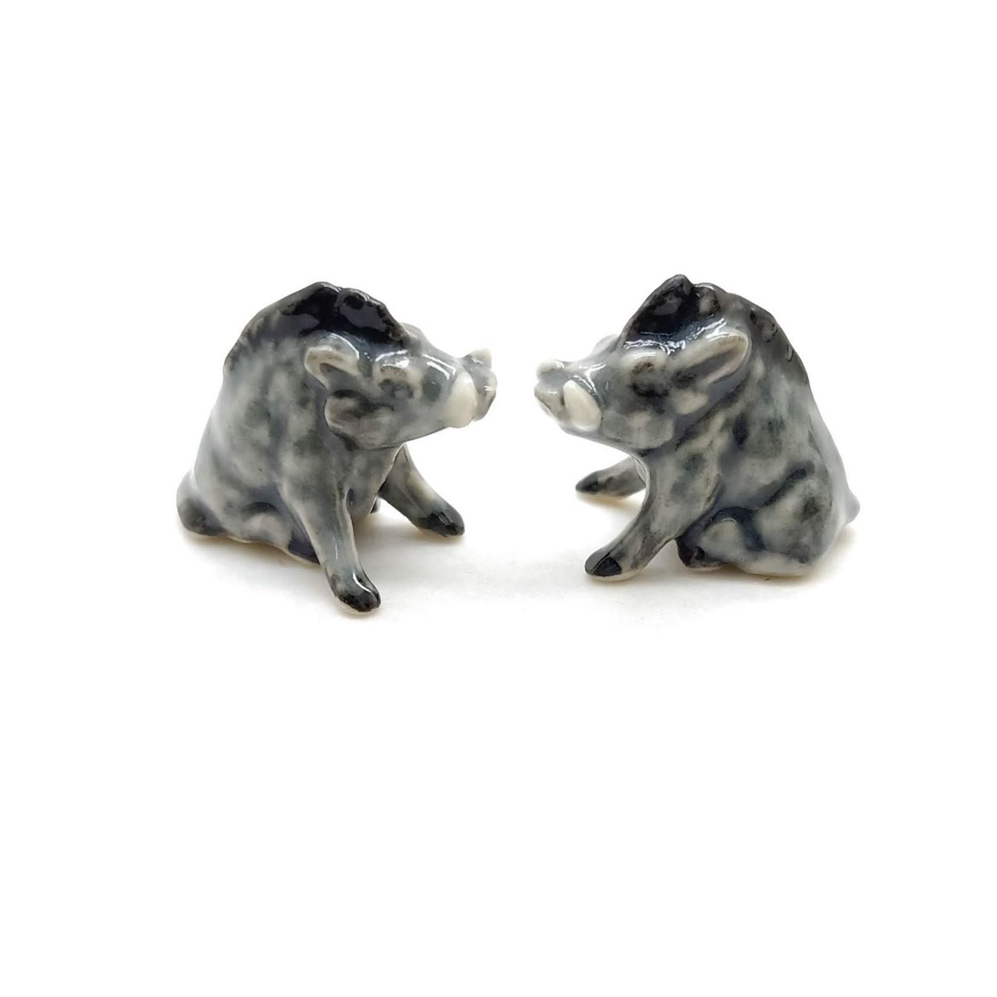 Set of 2 Tiny Boar Pig Ceramic Figurine Animal Miniature Statue