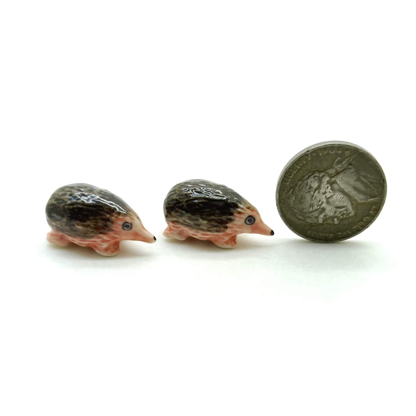 Set of 2 Tiny Hedgehog Porcupine Figurine Ceramic Miniature Statue