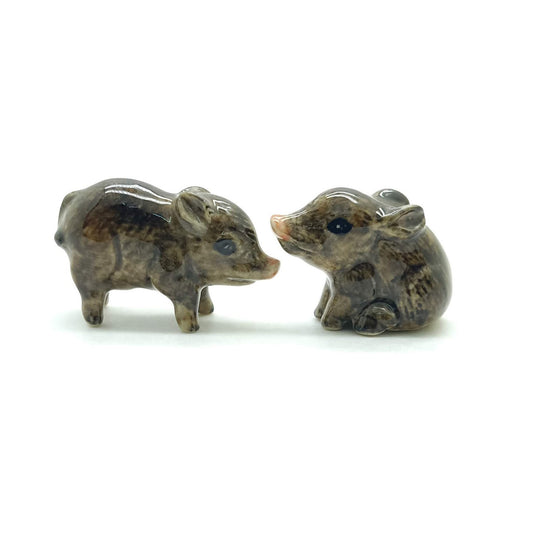 2 Tiny Boar Pig Ceramic Figurines Miniature Statue