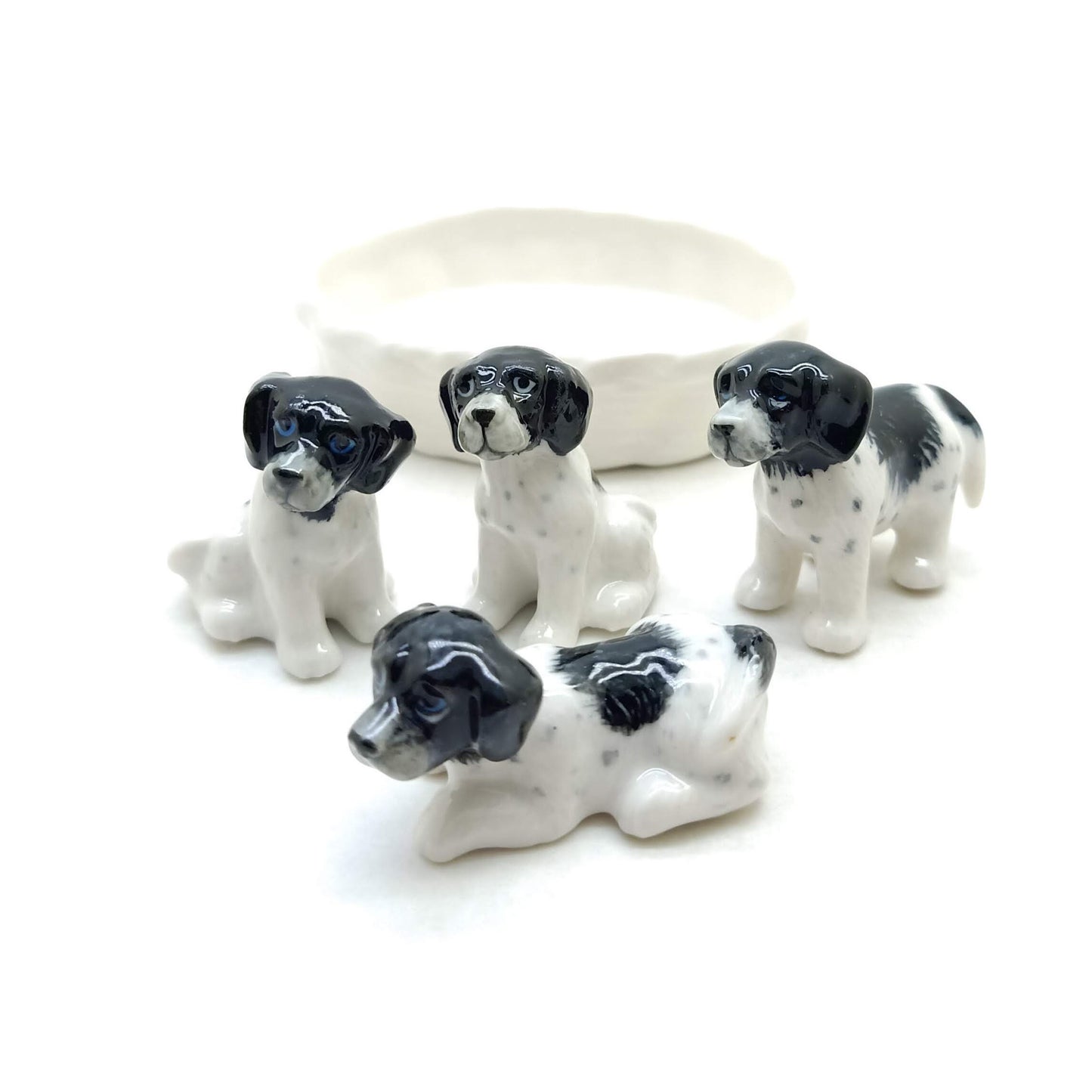 4 Puppy Old Danish Dog Ceramic Figurine Miniature and basket Statue