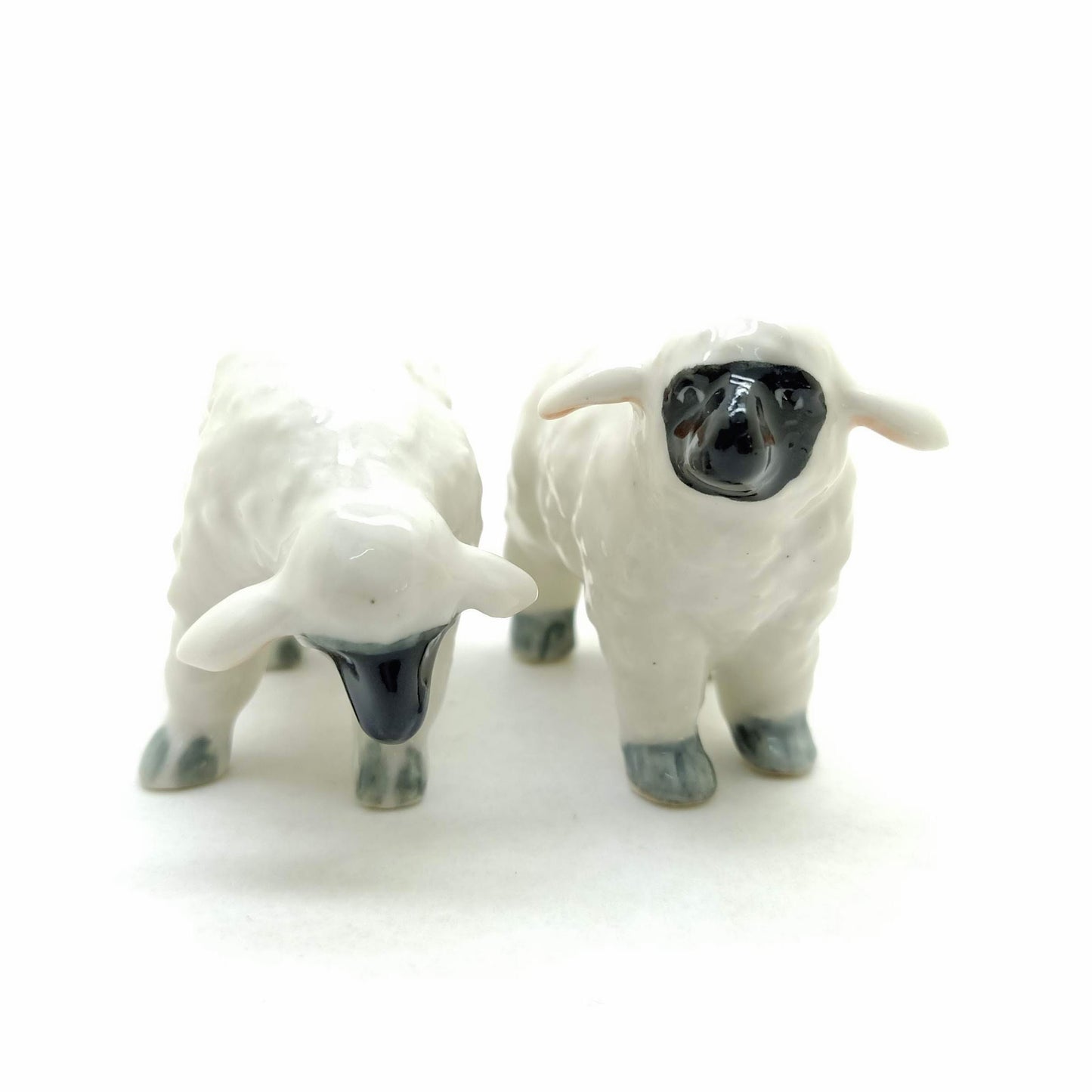 2 White Sheep Lamb with Black Face Ceramic Figurines