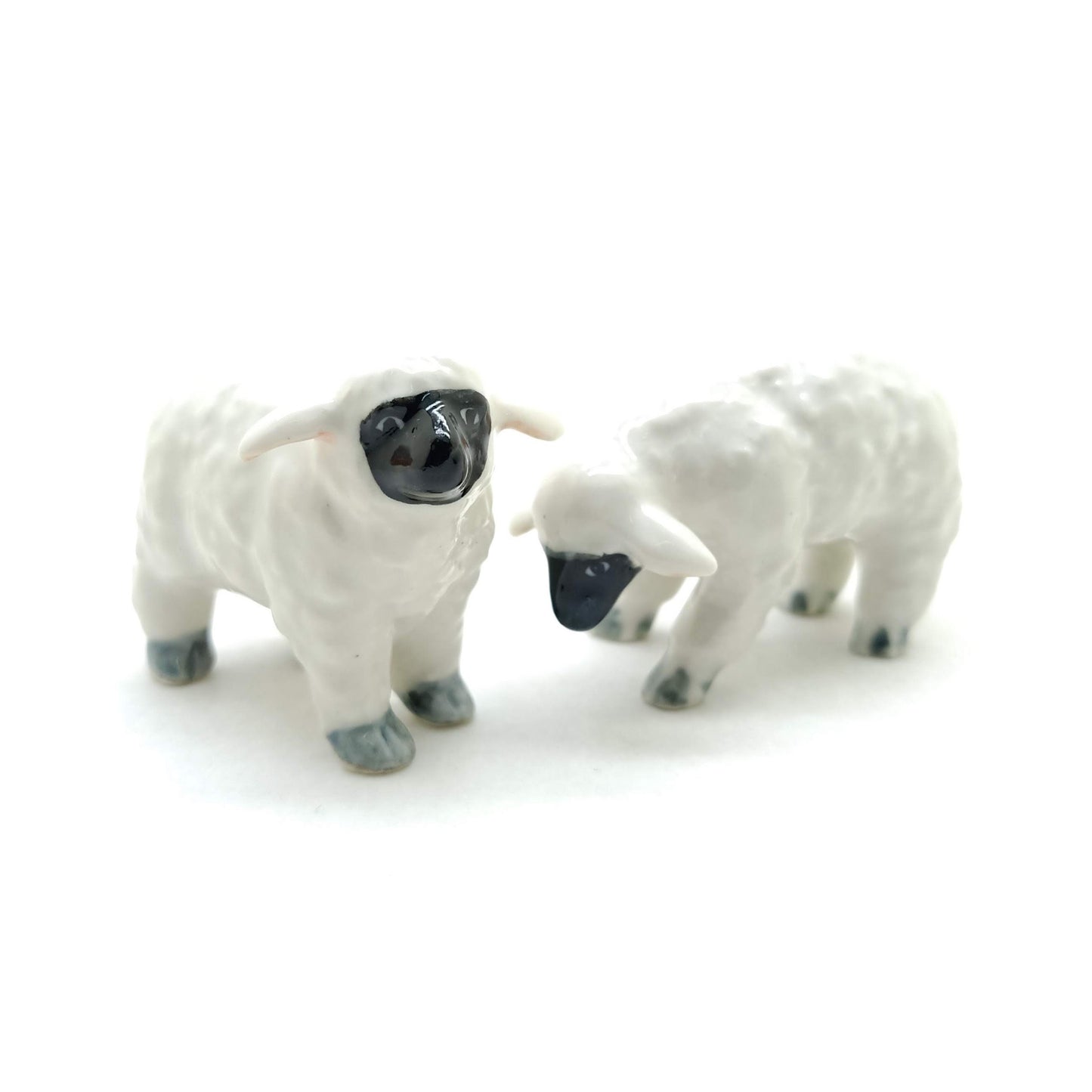 2 White Sheep Lamb with Black Face Ceramic Figurines