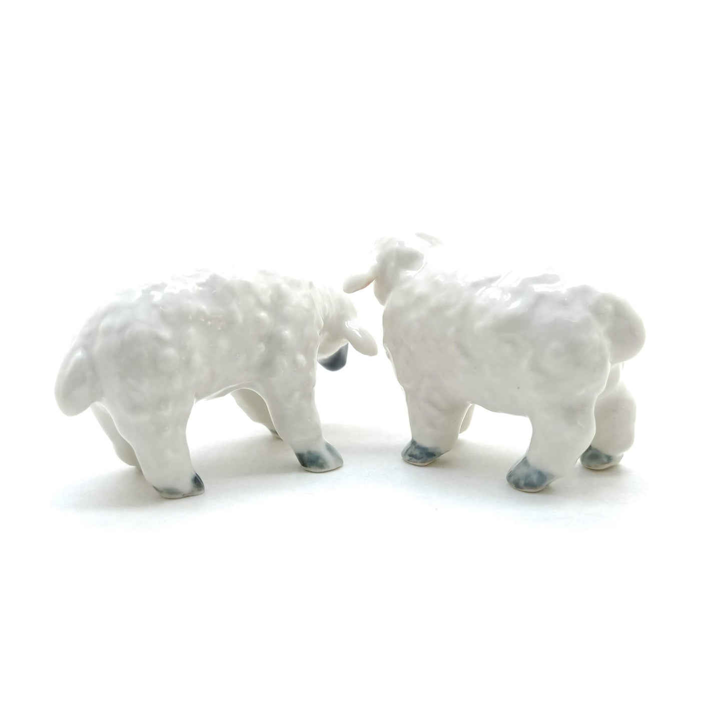 2 White Sheep Lamb with Black Face Ceramic Figurines