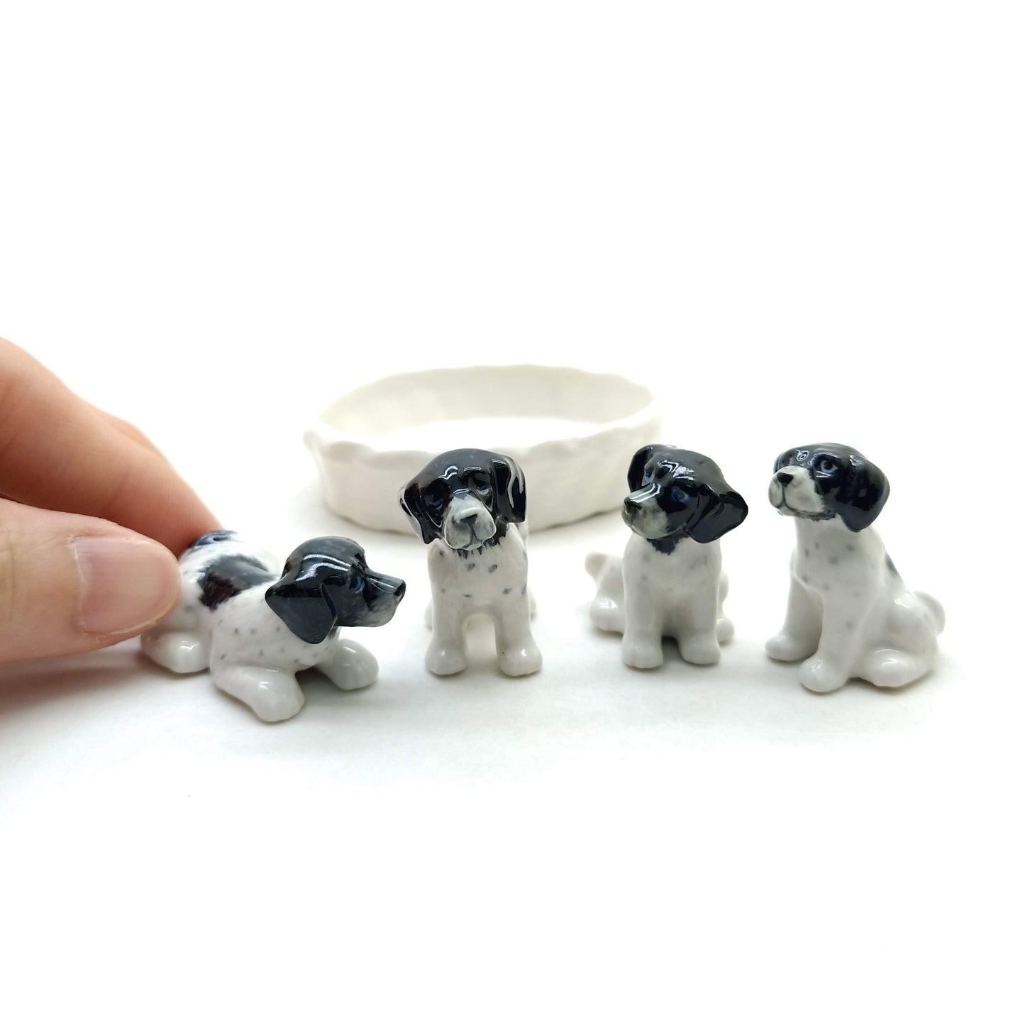 4 Puppy Old Danish Dog Ceramic Figurine Miniature and basket Statue