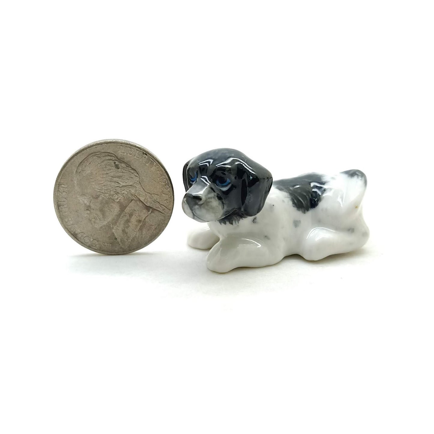 4 Puppy Old Danish Dog Ceramic Figurine Miniature and basket Statue