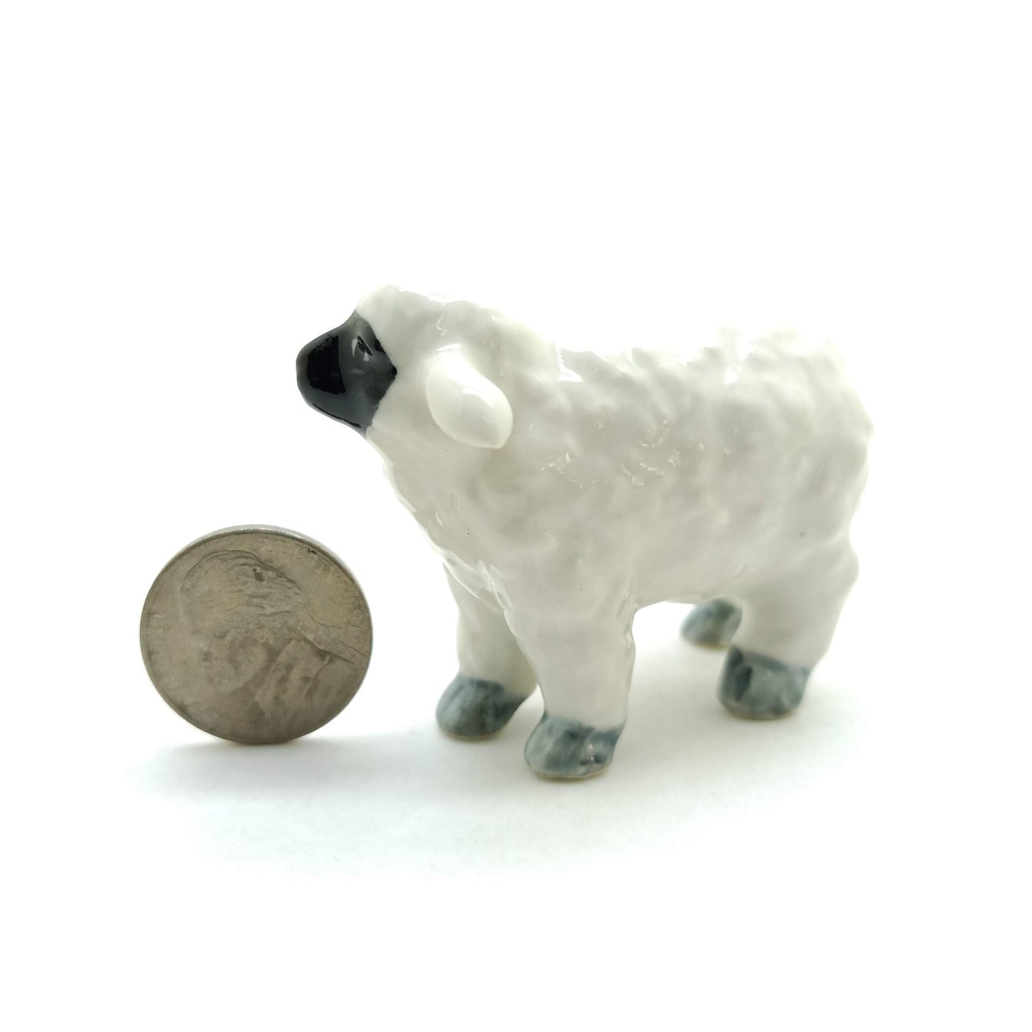 2 White Sheep Lamb with Black Face Ceramic Figurines
