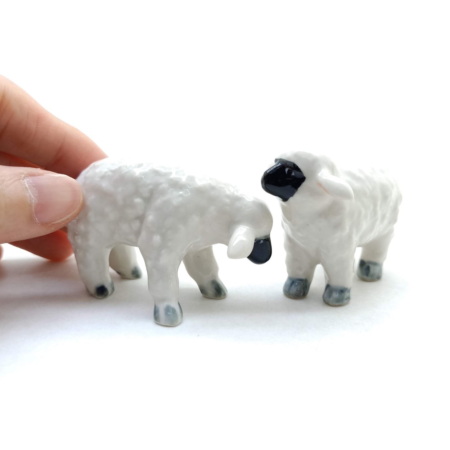2 White Sheep Lamb with Black Face Ceramic Figurines