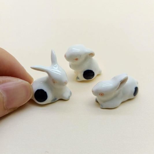 3 White Rabbit Ceramic Figurine Dot Black Miniature Statue