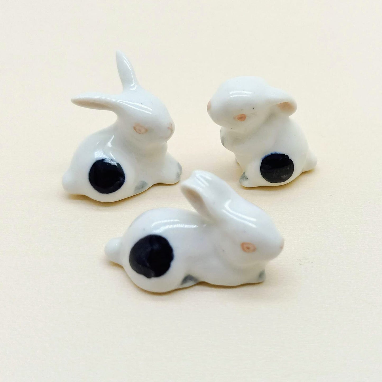 3 White Rabbit Ceramic Figurine Dot Black Miniature Statue