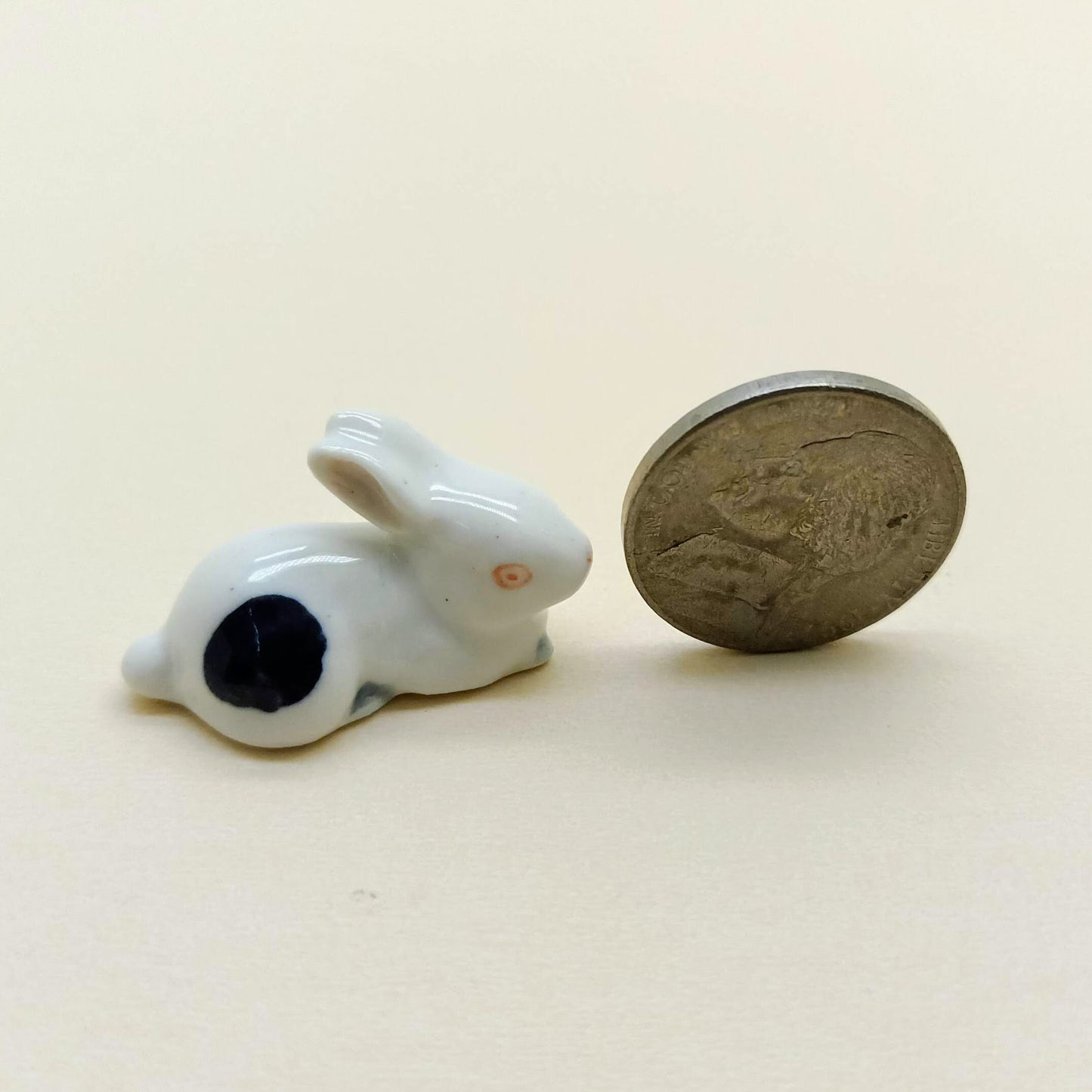 3 White Rabbit Ceramic Figurine Dot Black Miniature Statue