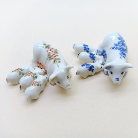 4 White Pigs Ceramic Figurines with Floral Pattern, Farm Miniature Statue