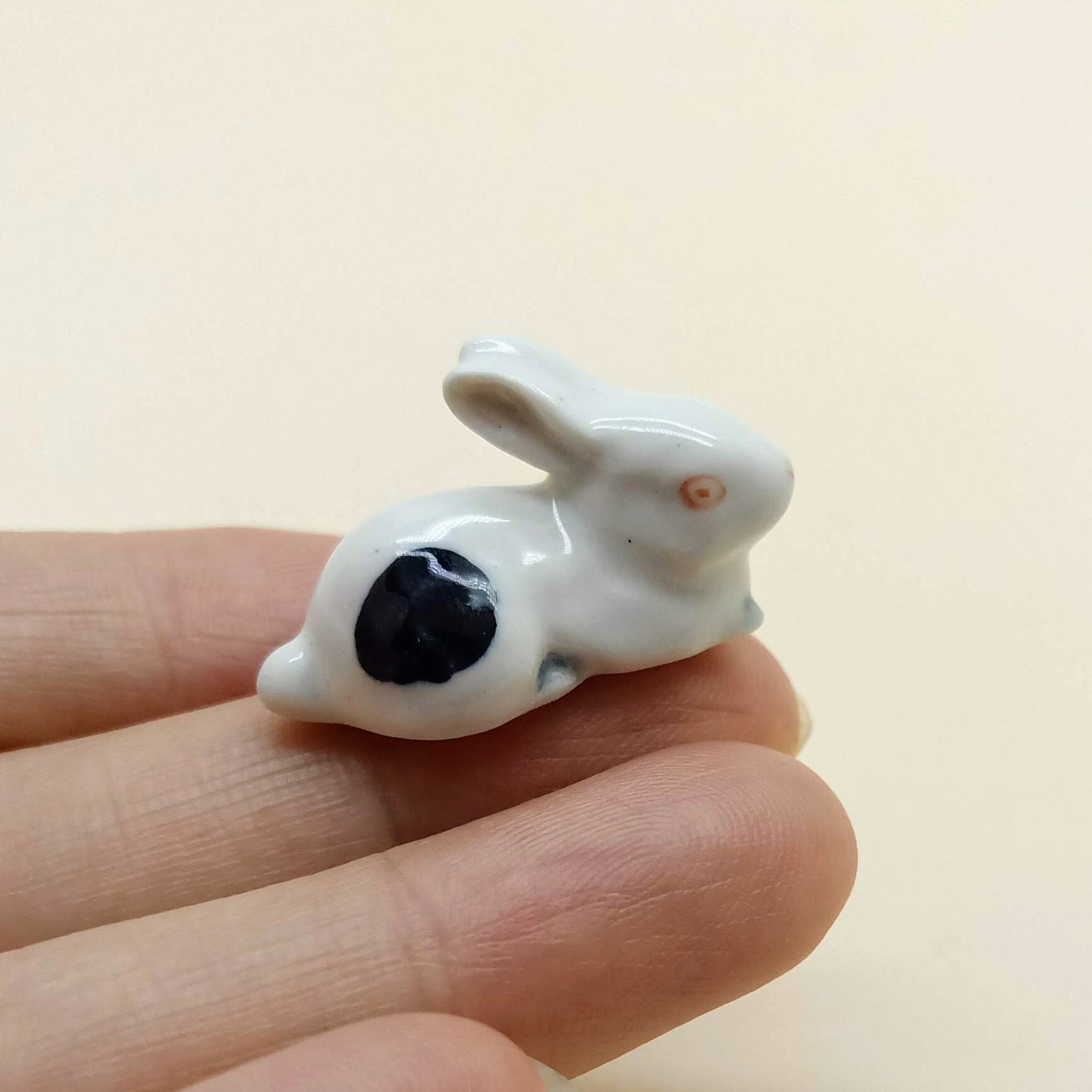 3 White Rabbit Ceramic Figurine Dot Black Miniature Statue