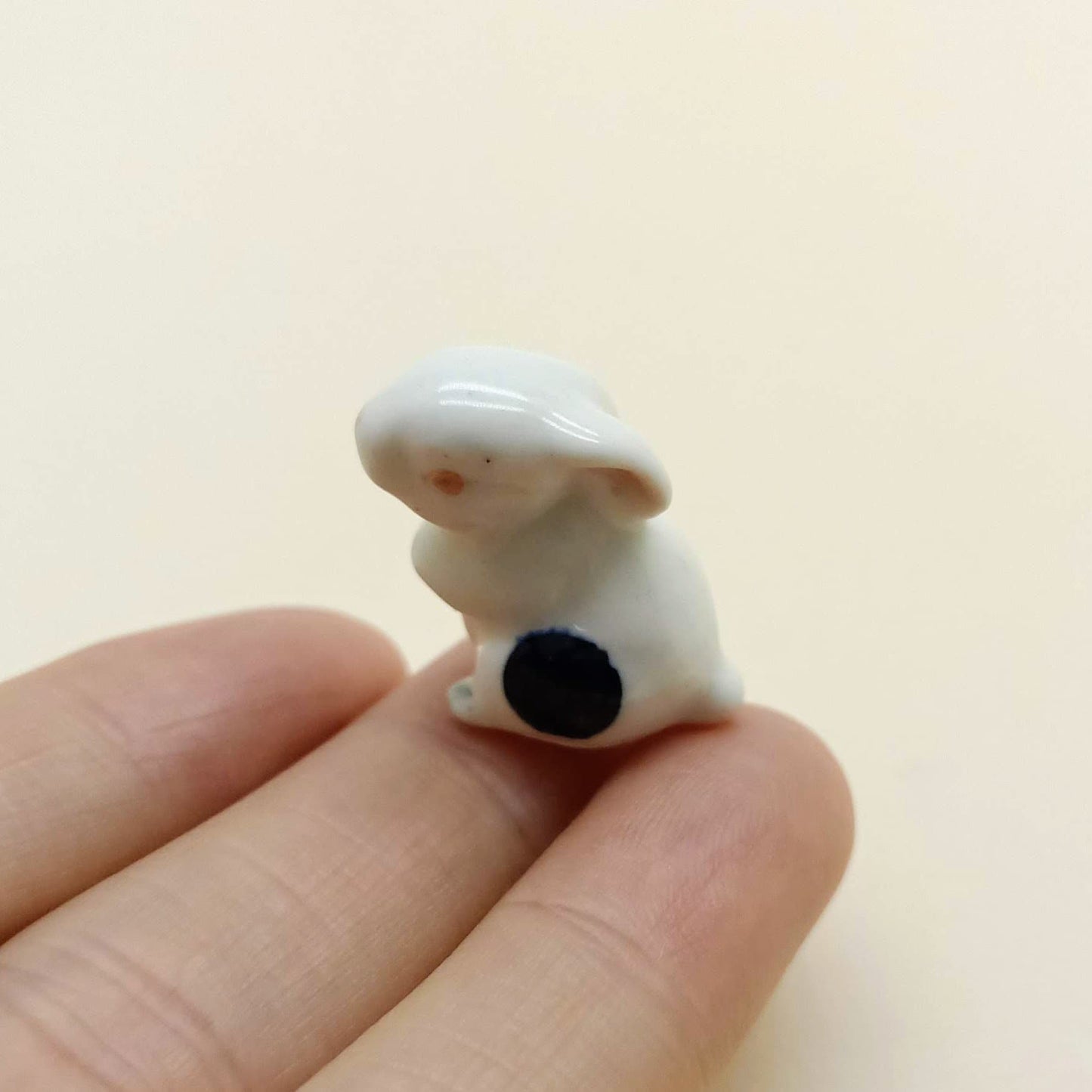 3 White Rabbit Ceramic Figurine Dot Black Miniature Statue