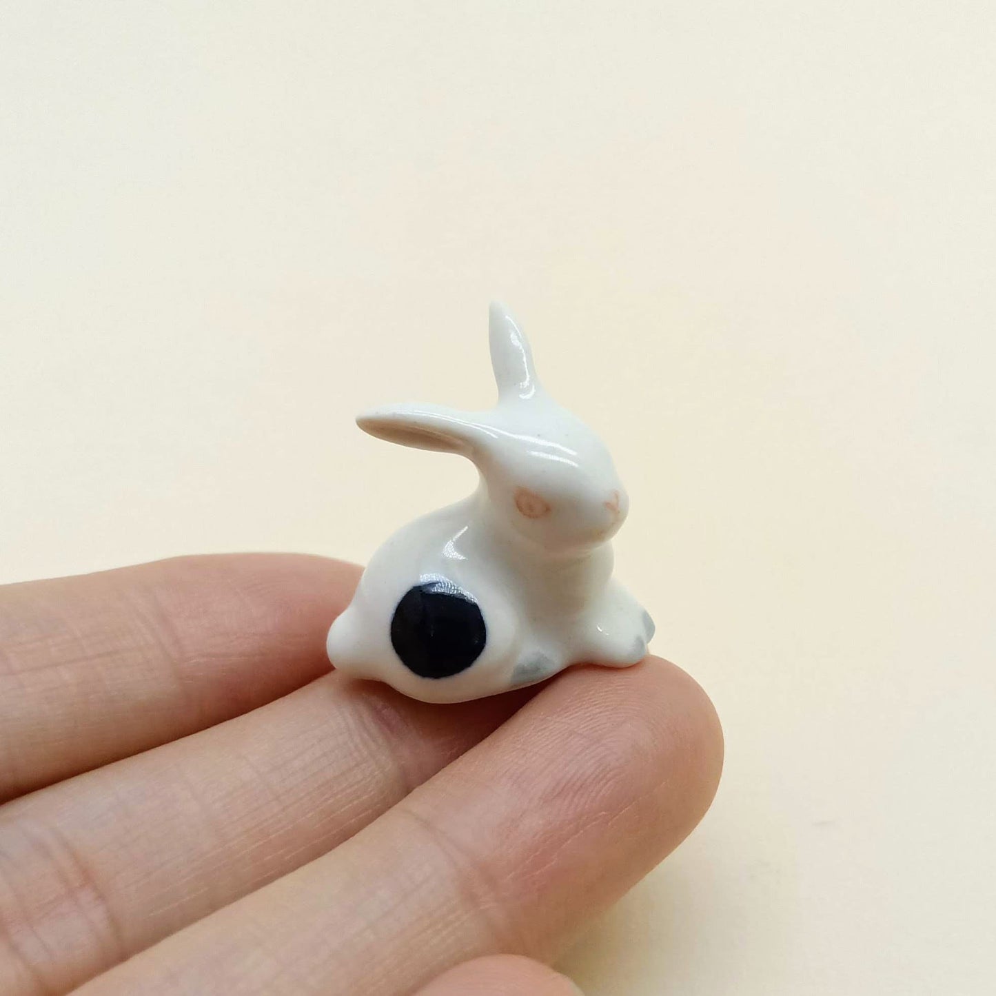 3 White Rabbit Ceramic Figurine Dot Black Miniature Statue