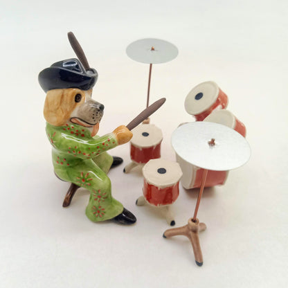 Golden Retriever Dog Musician Drummer, Playing Drum Kit Figurine Ceramic Statue