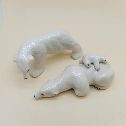 Set of 3 White Polar Bear Family Ceramic Figurine Statue